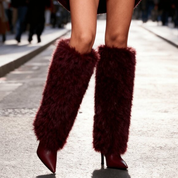 Burgundy Women's Knee High Fuzzy Faux Fur Stiletto heeled Boots - Picture 3 of 8